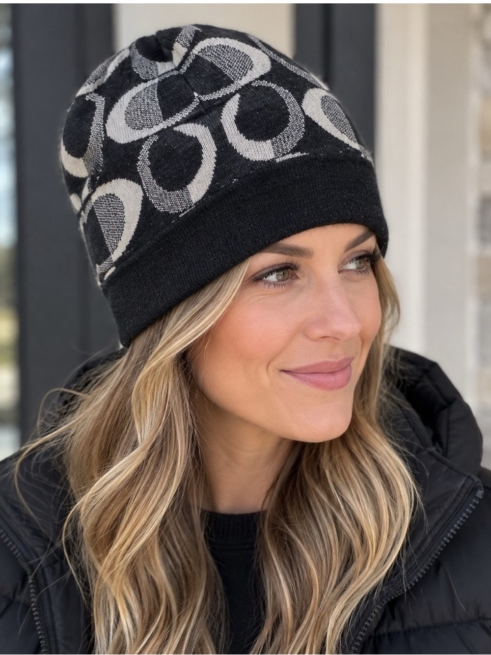 Coach Black & Gray Signature Logo Knit Beanie